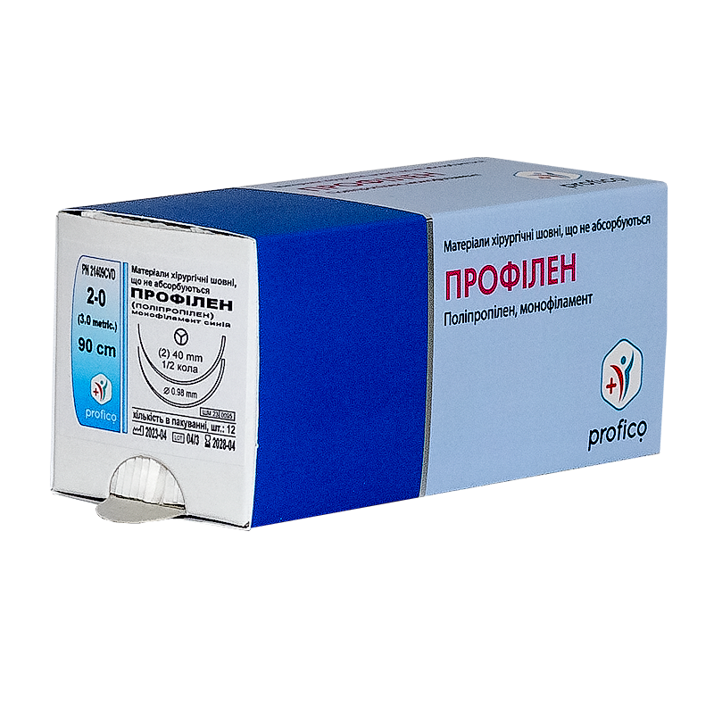 Профілен (Поліпропілен), синій, USP 2/0, 90 см; дві кол-ріж голки1/2 кола, 40 мм